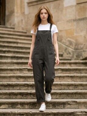Womens Green Charcoal Utility Overalls Size L Woman 90% Cotton 5% Linen